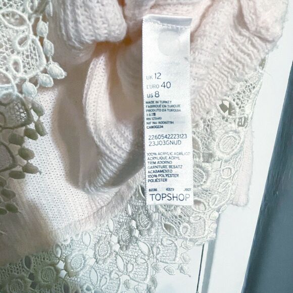 Topshop Women's Size 8 Light Pink Crop Knit Sweater Crew Neck Lace Crochet - Picture 3 of 4